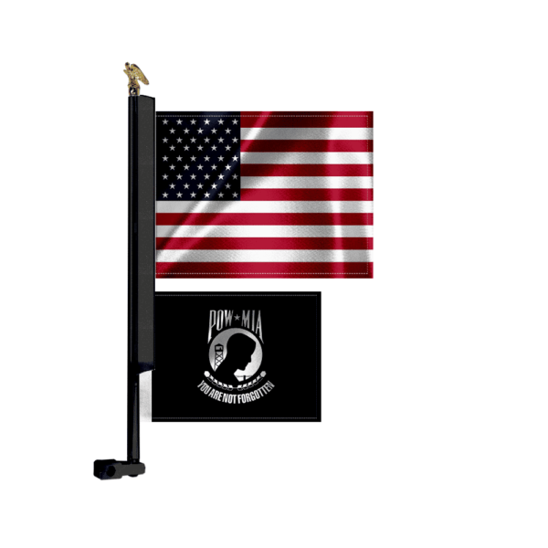 18in Black 2 Flag MC Flag Mount with US Flag & POW/MIA Flag and Eagle